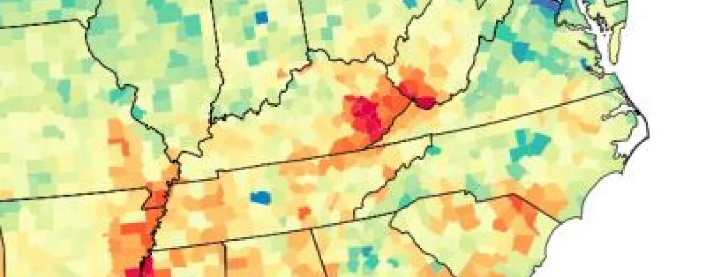 Multi-colored heat map with KY geographically placed in the middle
