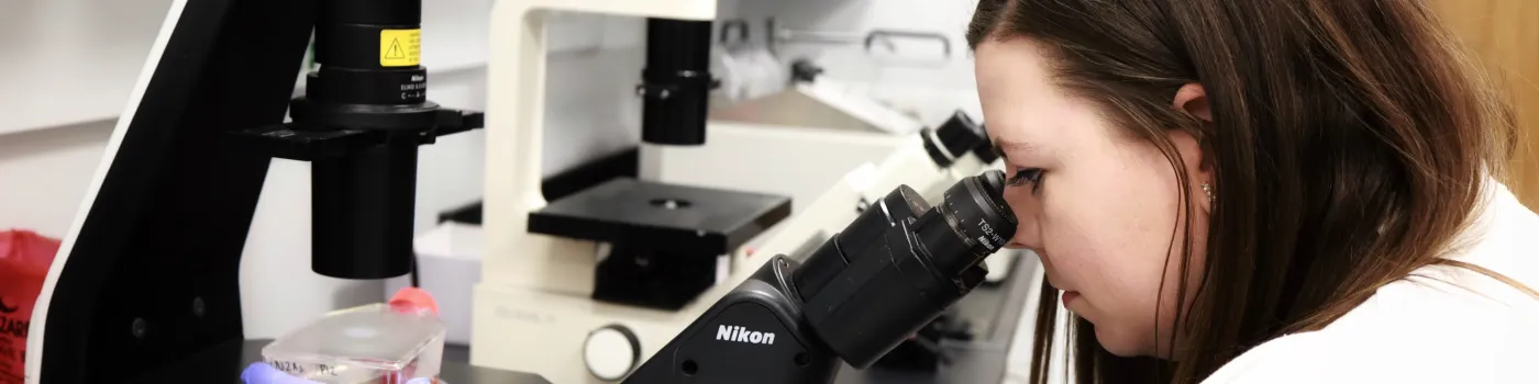 Cassi Friday, Graduate Student, examining a subject under a microscope. Photo by James Haggie from Sanders Brown Center on Aging